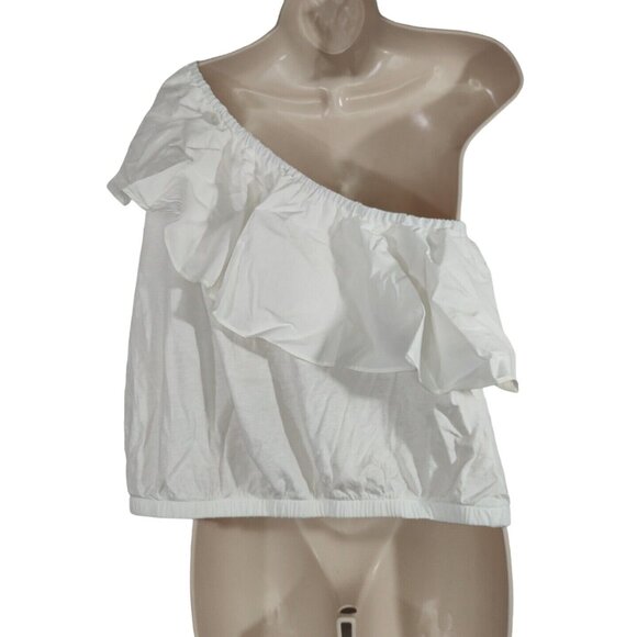 A New Day White One Shoulder Crop Top Women Size L Ruffle Neckline Banded Hem - Picture 4 of 6
